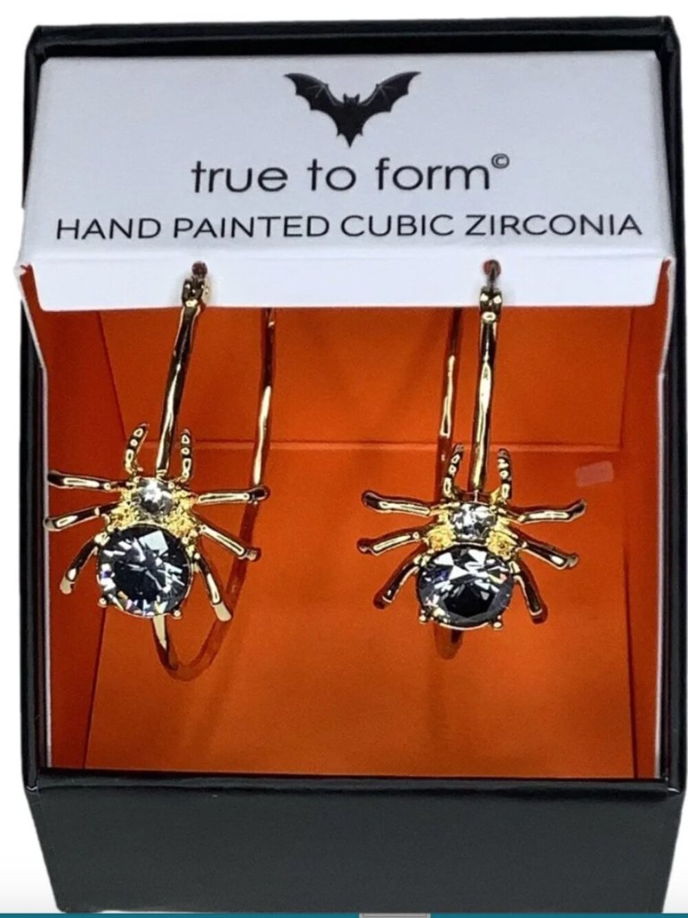 True To Form Gold Tone Spider Hoop CZ Halloween Earrings New in Box